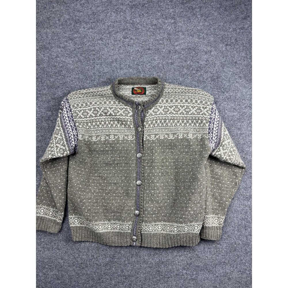 Vintage Alps Sweater Womens Large Gray Wool Nordic Cardigan Made USA 90s